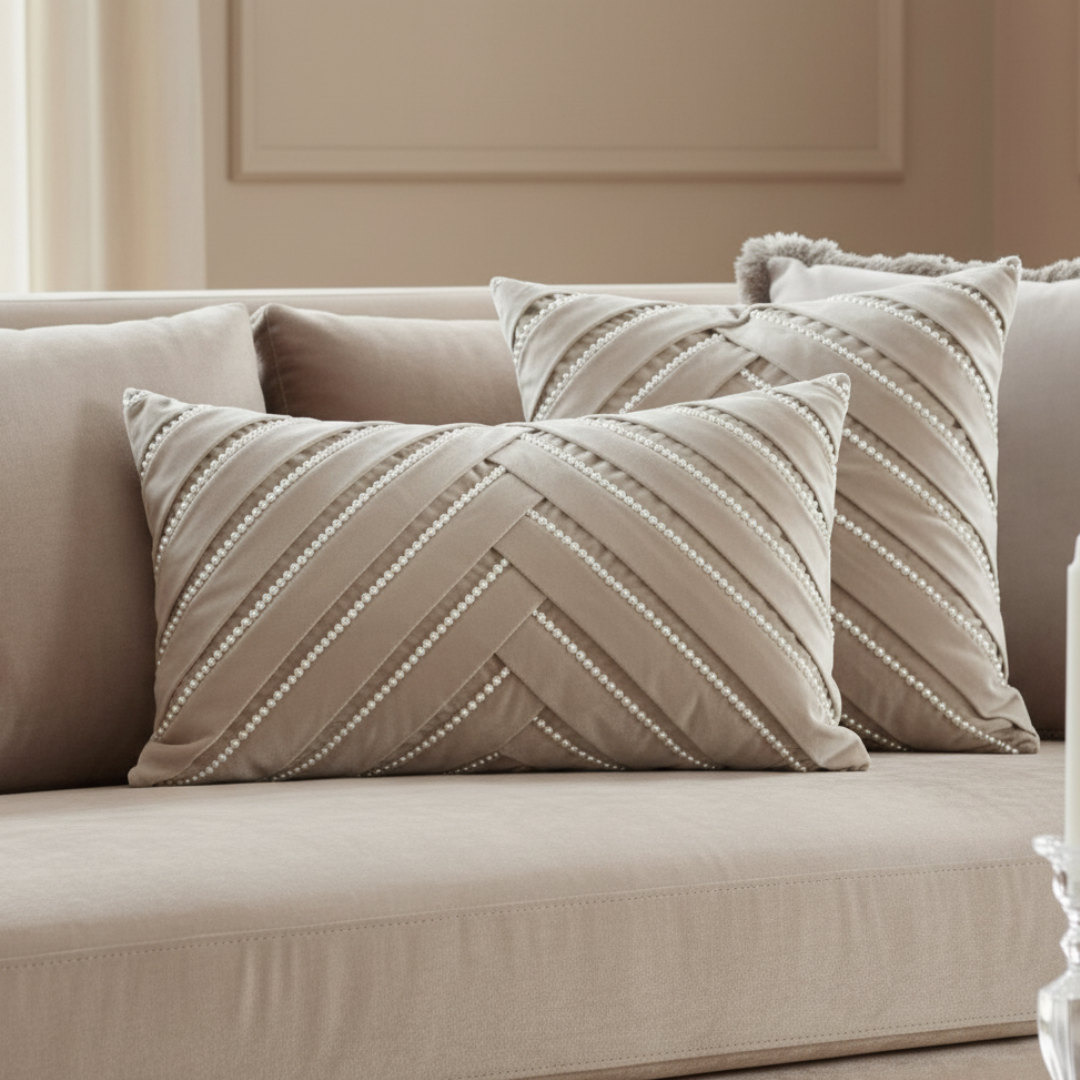 Decorative pillows with a chevron pattern on a beige sofa.