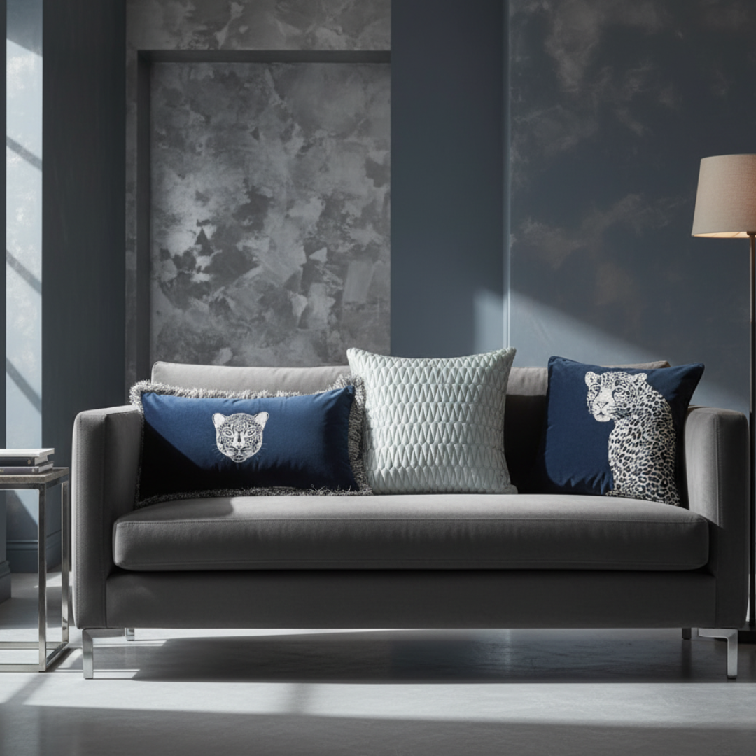 Gray sofa with decorative pillows in a modern living room setting