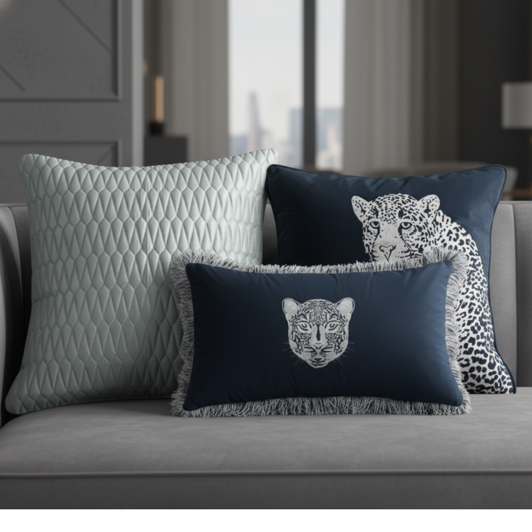 Decorative pillows with leopard designs on a gray sofa in a modern living room.