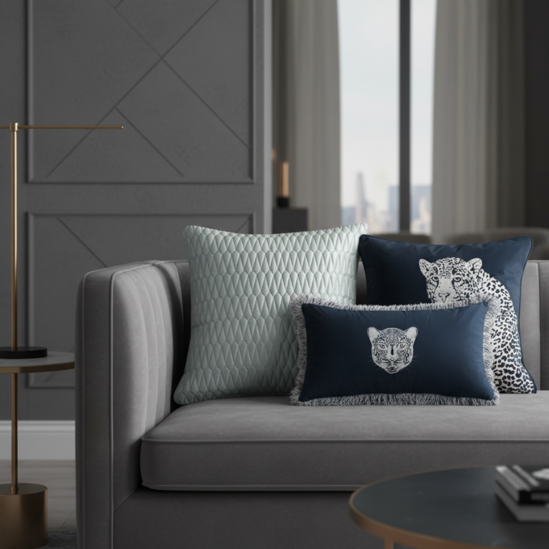 Gray sofa with decorative pillows featuring animal prints in a modern living room.