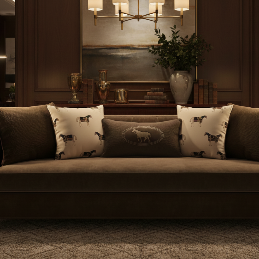 Brown sofa with patterned cushions in a dimly lit room.