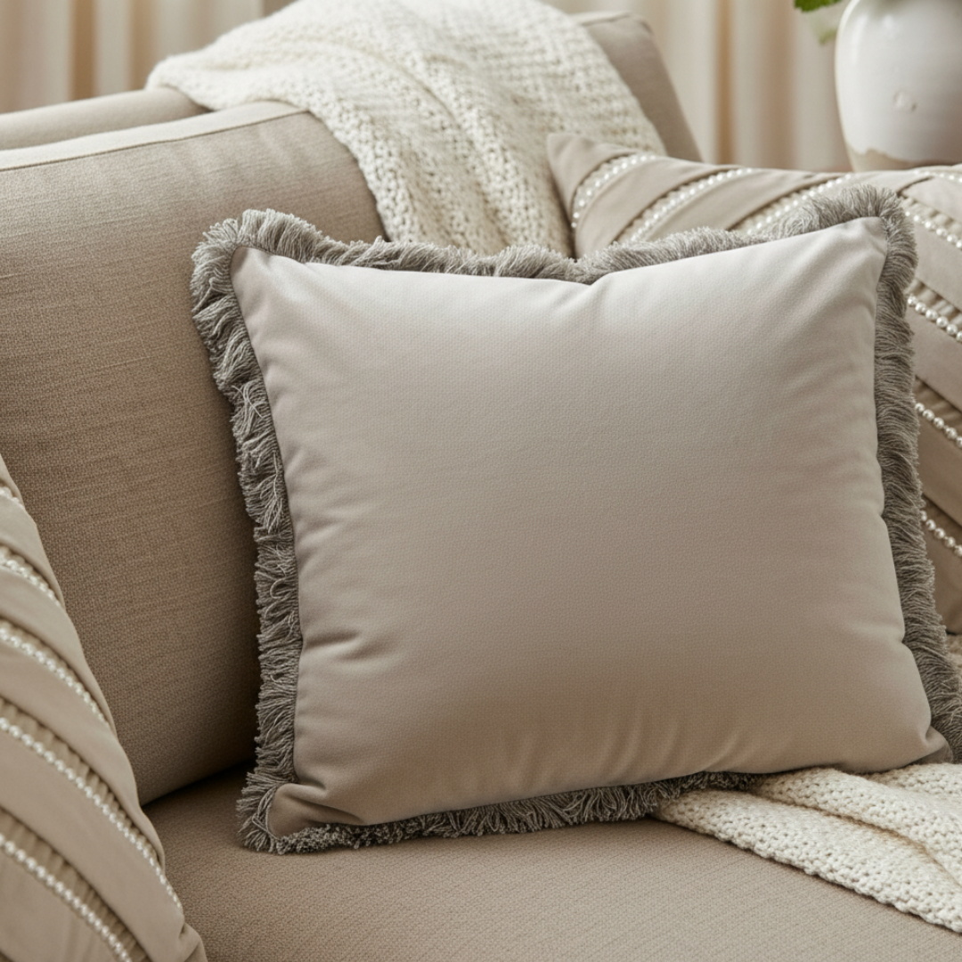 Beige pillow with fringe on a beige sofa