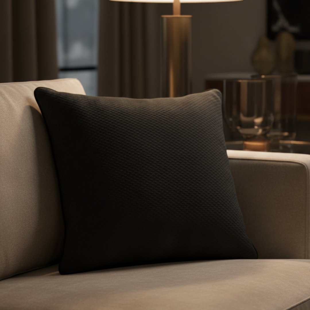 Dark gray pillow on a beige sofa with a blurred background