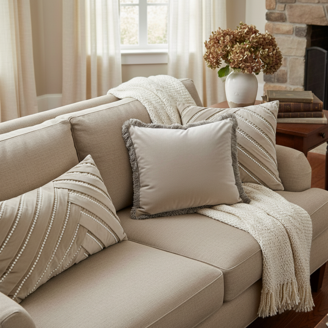 Beige sofa with decorative pillows and a blanket in a cozy living room.