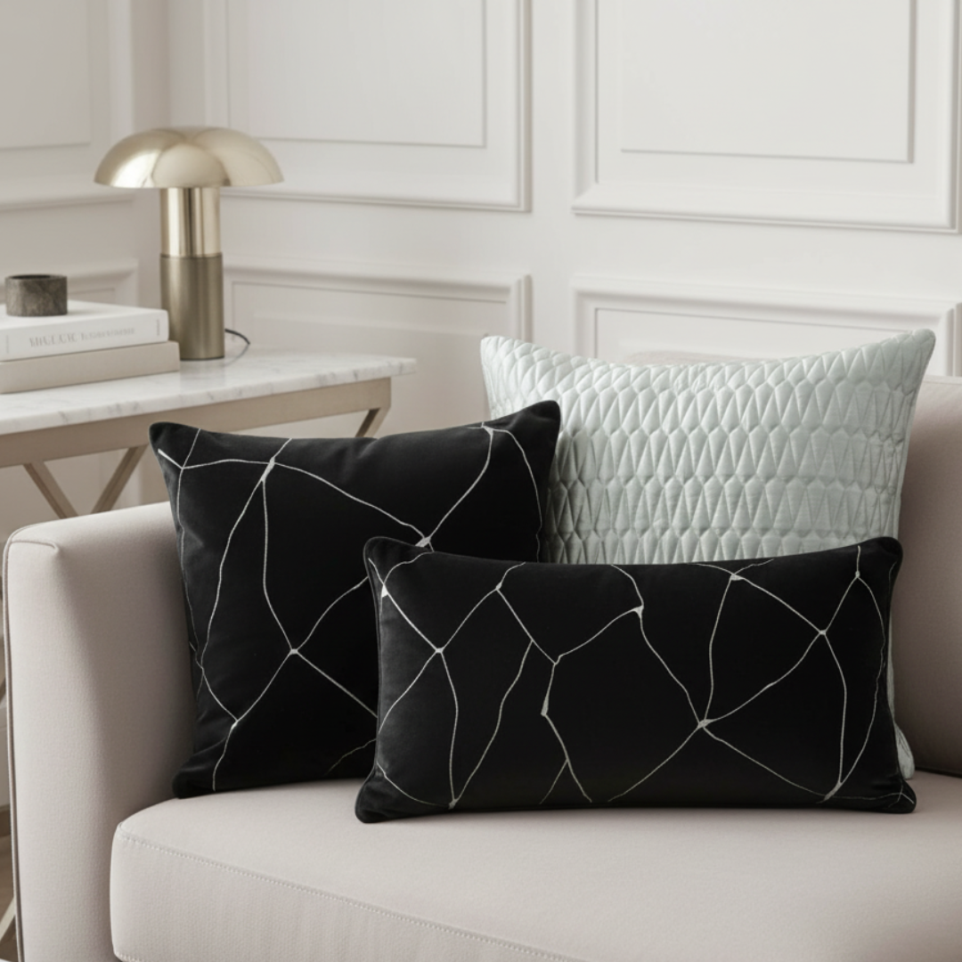 Decorative pillows on a sofa with a side table and lamp in a stylish room.