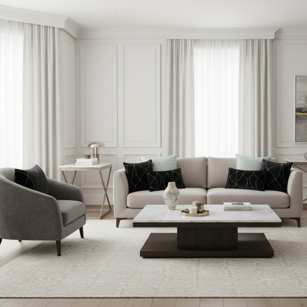 Modern living room with a beige sectional sofa, gray armchair, and white coffee table.