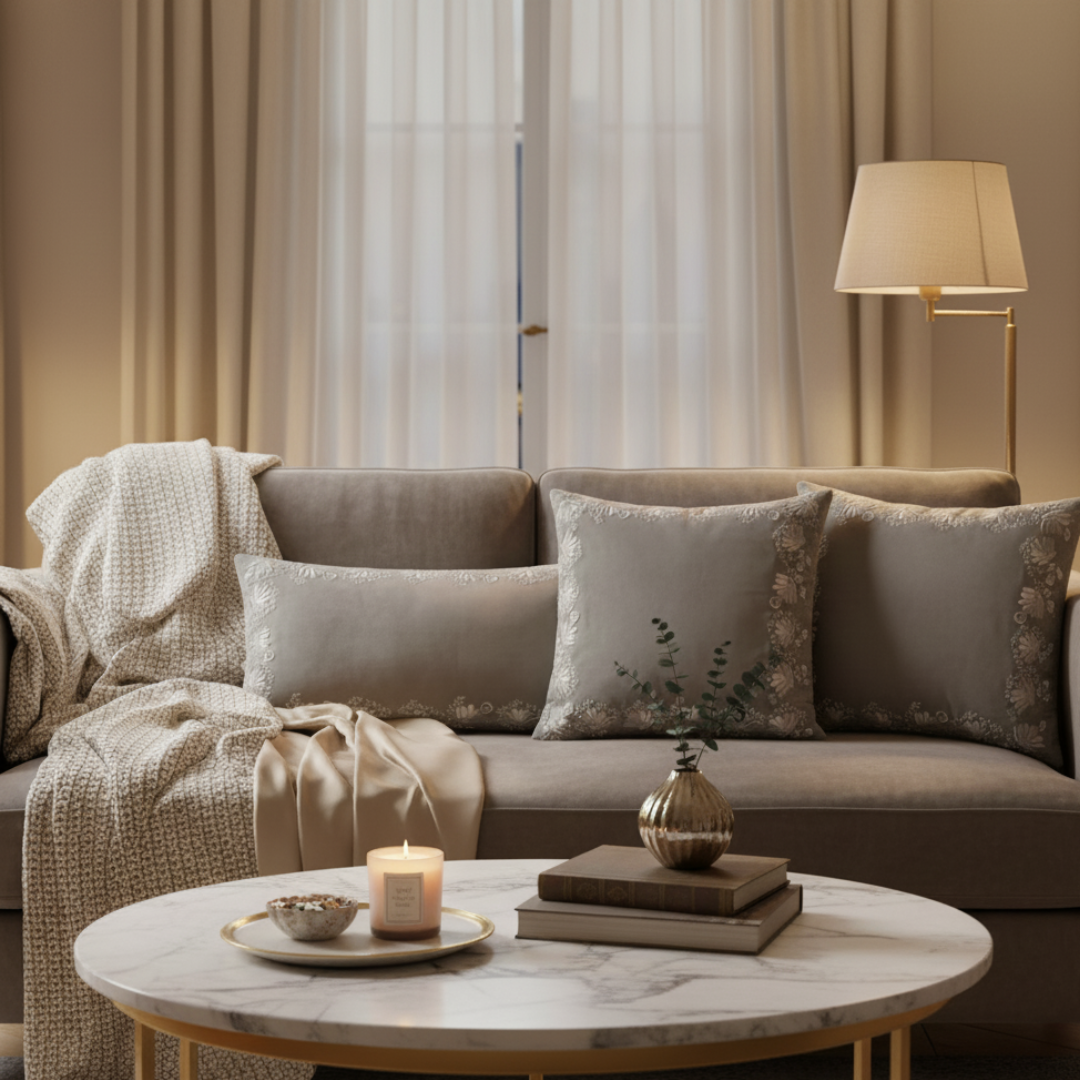Cozy living room with a beige sofa, marble coffee table, and decorative items.