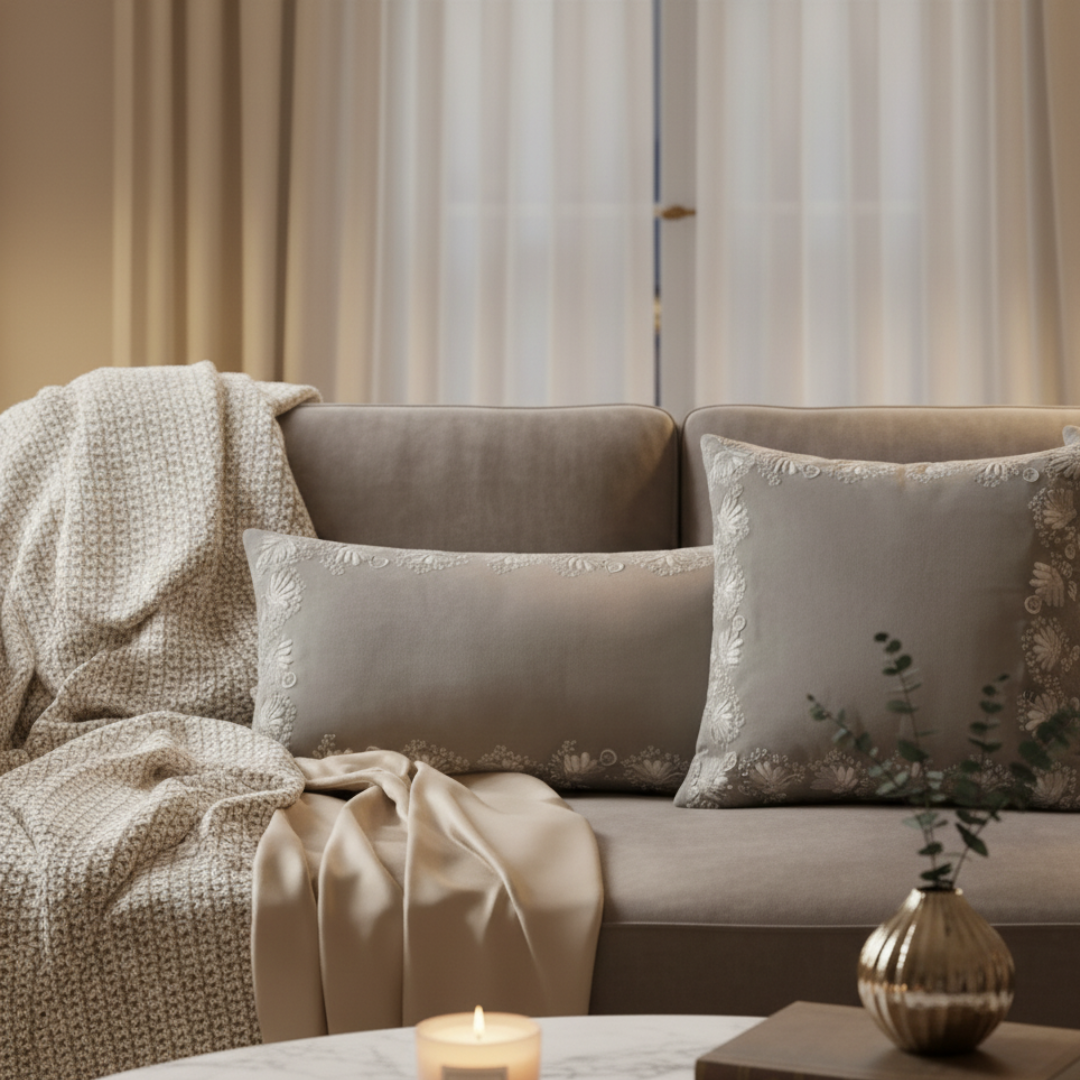 Gray sofa with decorative pillows and a blanket in a living room setting.