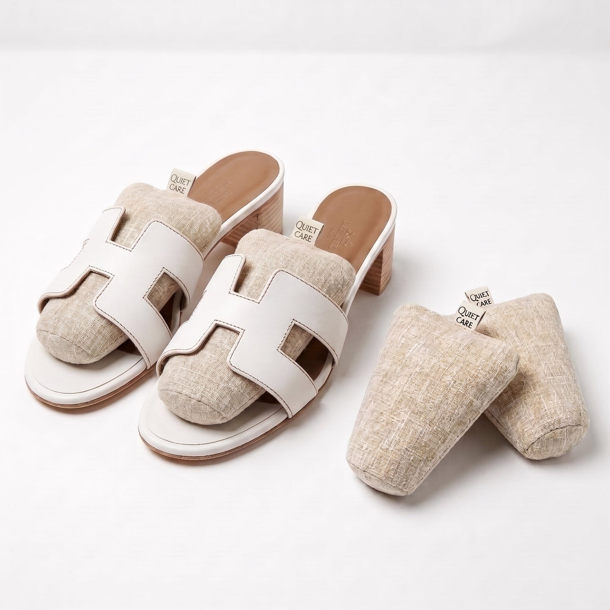 Linen blend shoe shapers in ecru shown beside shoes, for EU 40 to 44