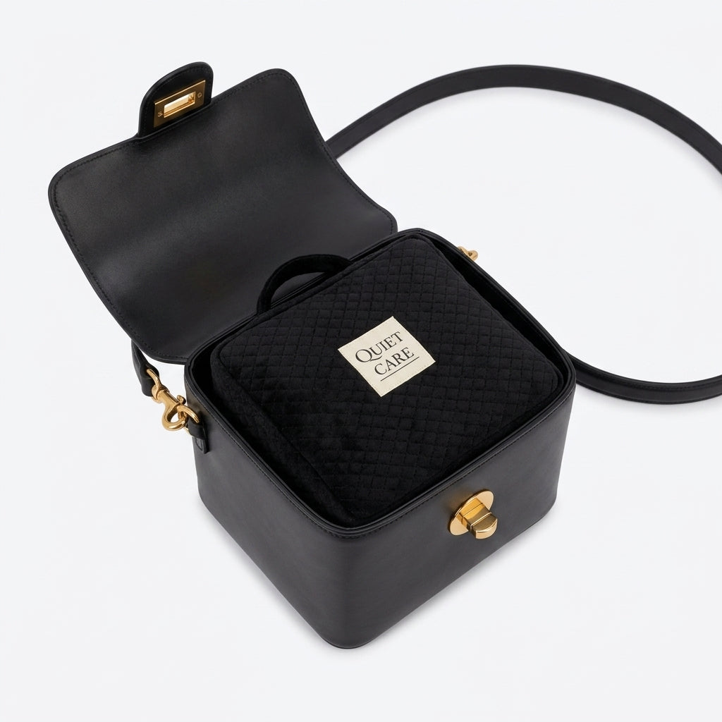Cube quilted velvet bag shaper shown inside a small boxy bag
