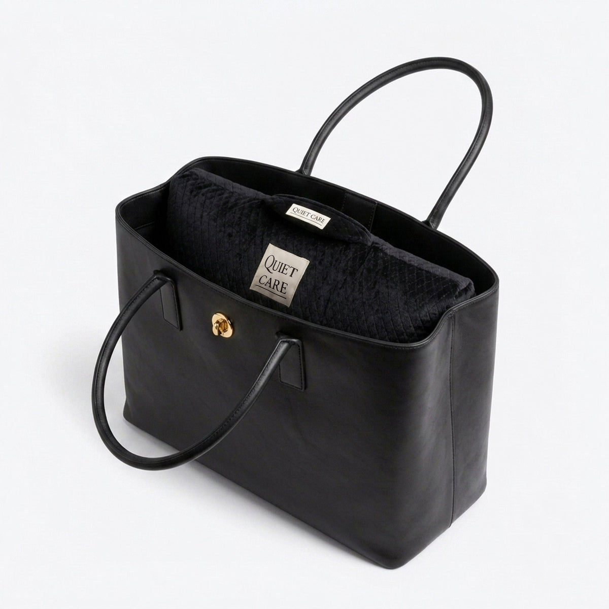 Tall quilted velvet bag shaper inside a structured tote, second angle