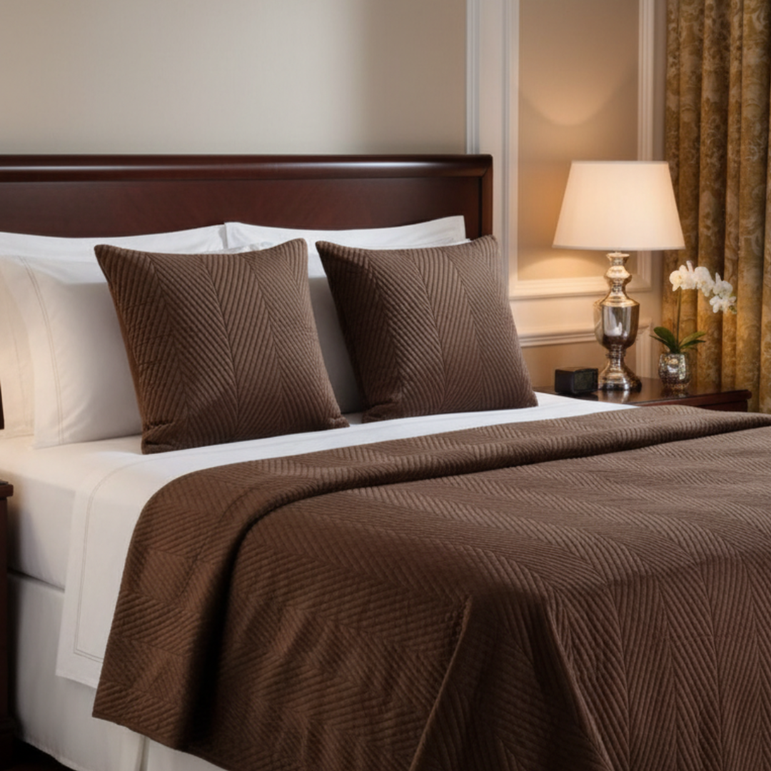 Bed with brown and white bedding in a bedroom setting