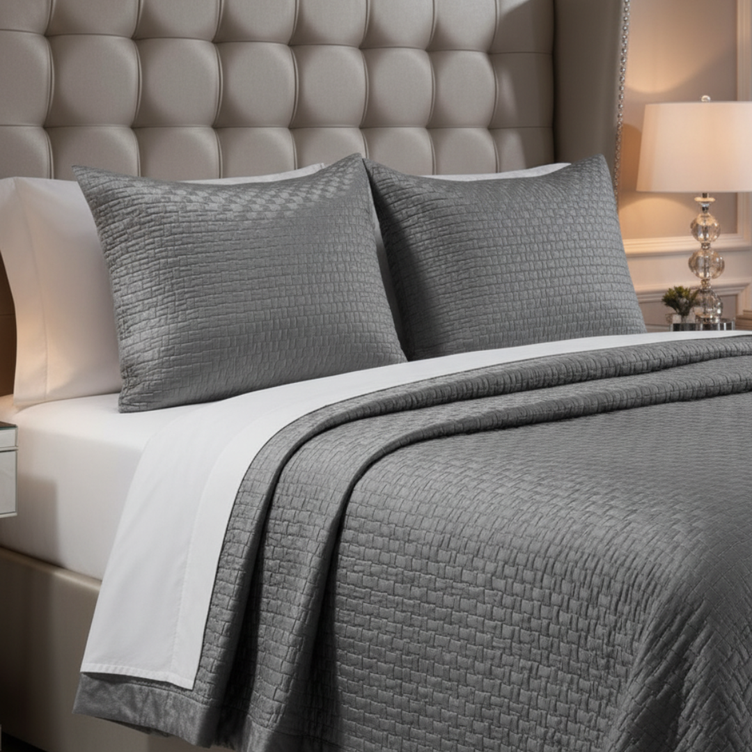Gray textured bedding set on a bed with a tufted headboard.