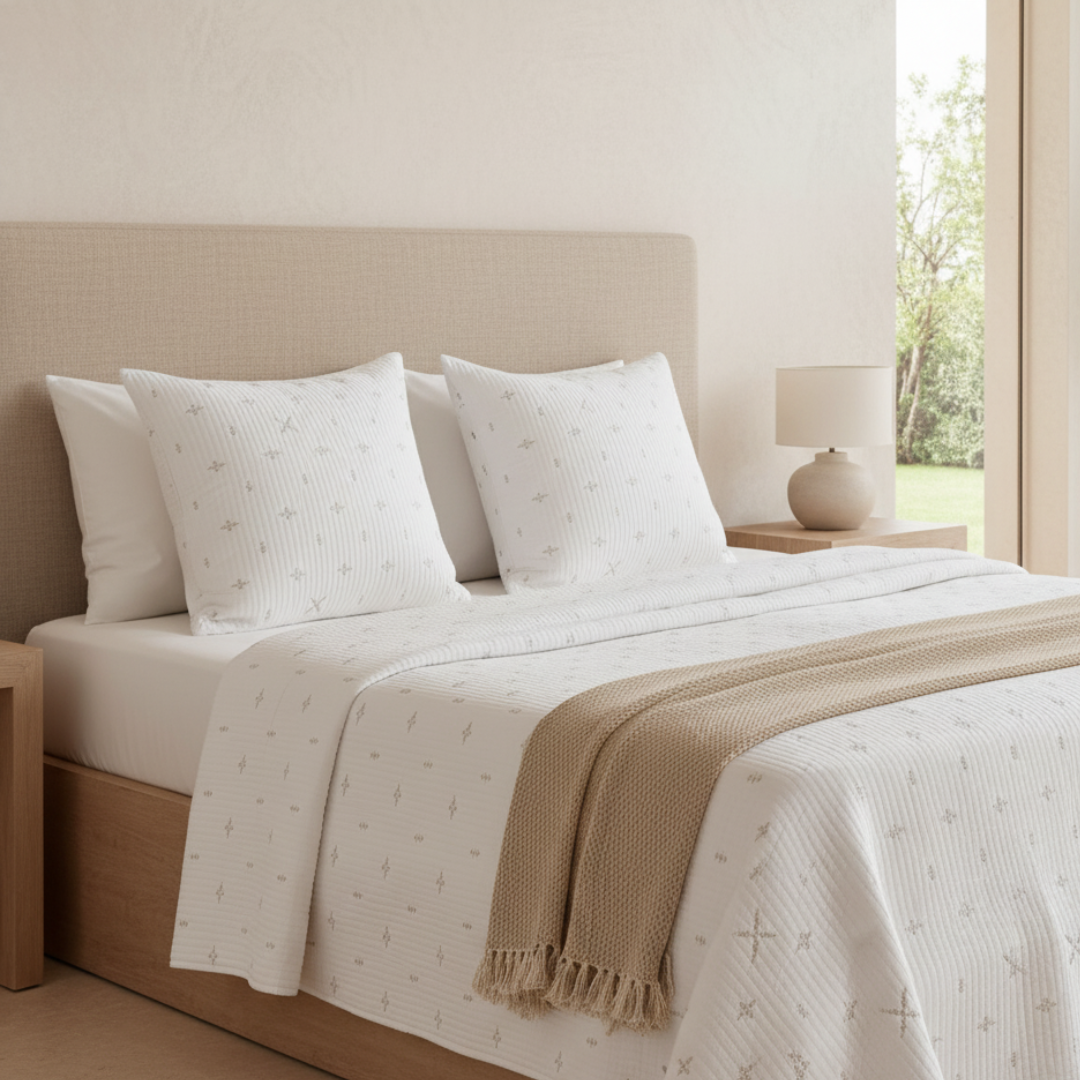 Neatly made bed with white bedding and a beige blanket in a bright bedroom.
