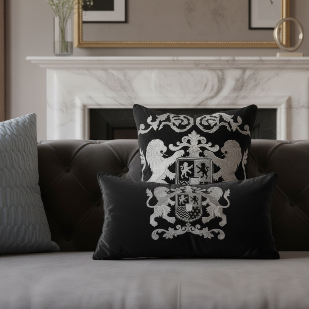 Decorative pillows with emblem designs on a sofa in a living room setting.