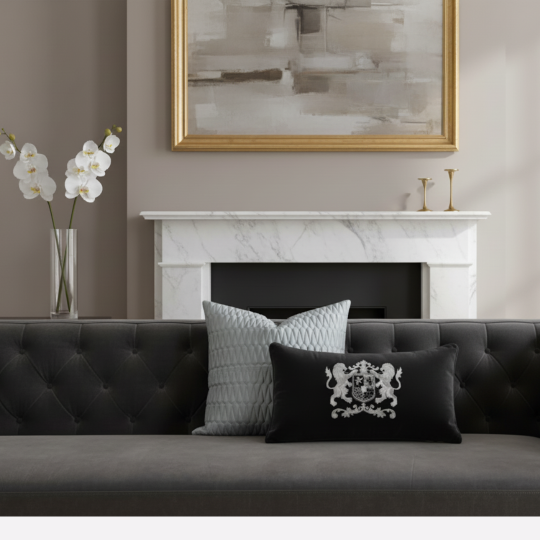 Living room with a black sofa, decorative pillows, and a fireplace.