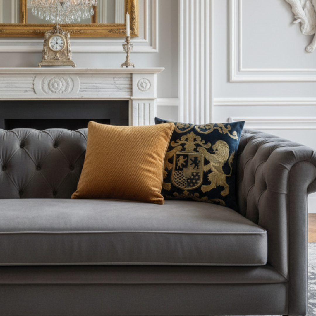 Gray sofa with decorative pillows in a living room setting