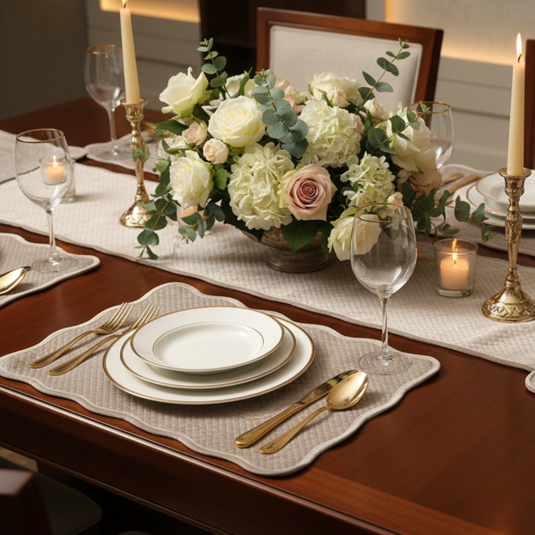 Elegant dinner table setting with floral centerpiece, plates, and cutlery.