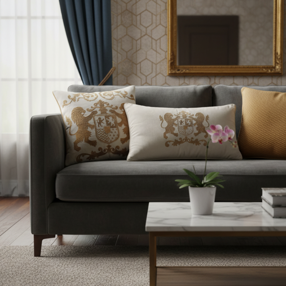 Gray sofa with decorative pillows and a small plant on a coffee table in a living room.