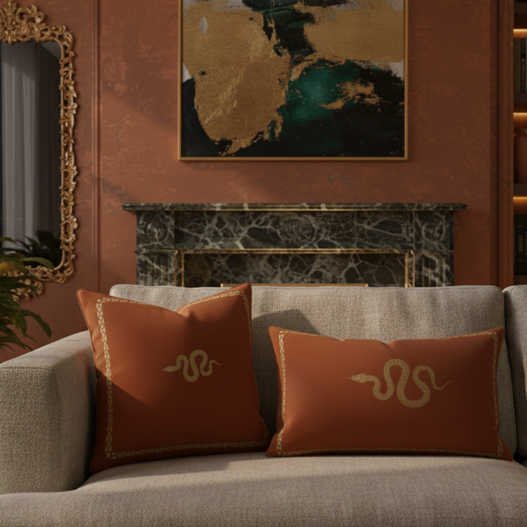 Decorative pillows with snake design on a gray sofa against a wall with a fireplace and abstract painting.