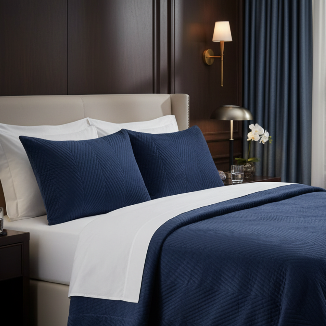 Bedroom with a bed featuring blue and white bedding, nightstands, and lamps.