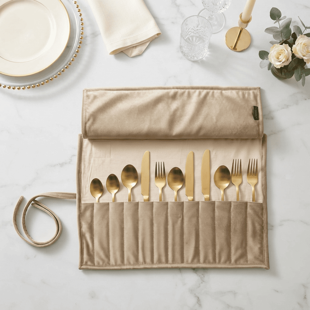 Beige Luxe Cutlery Wrap, styled at home