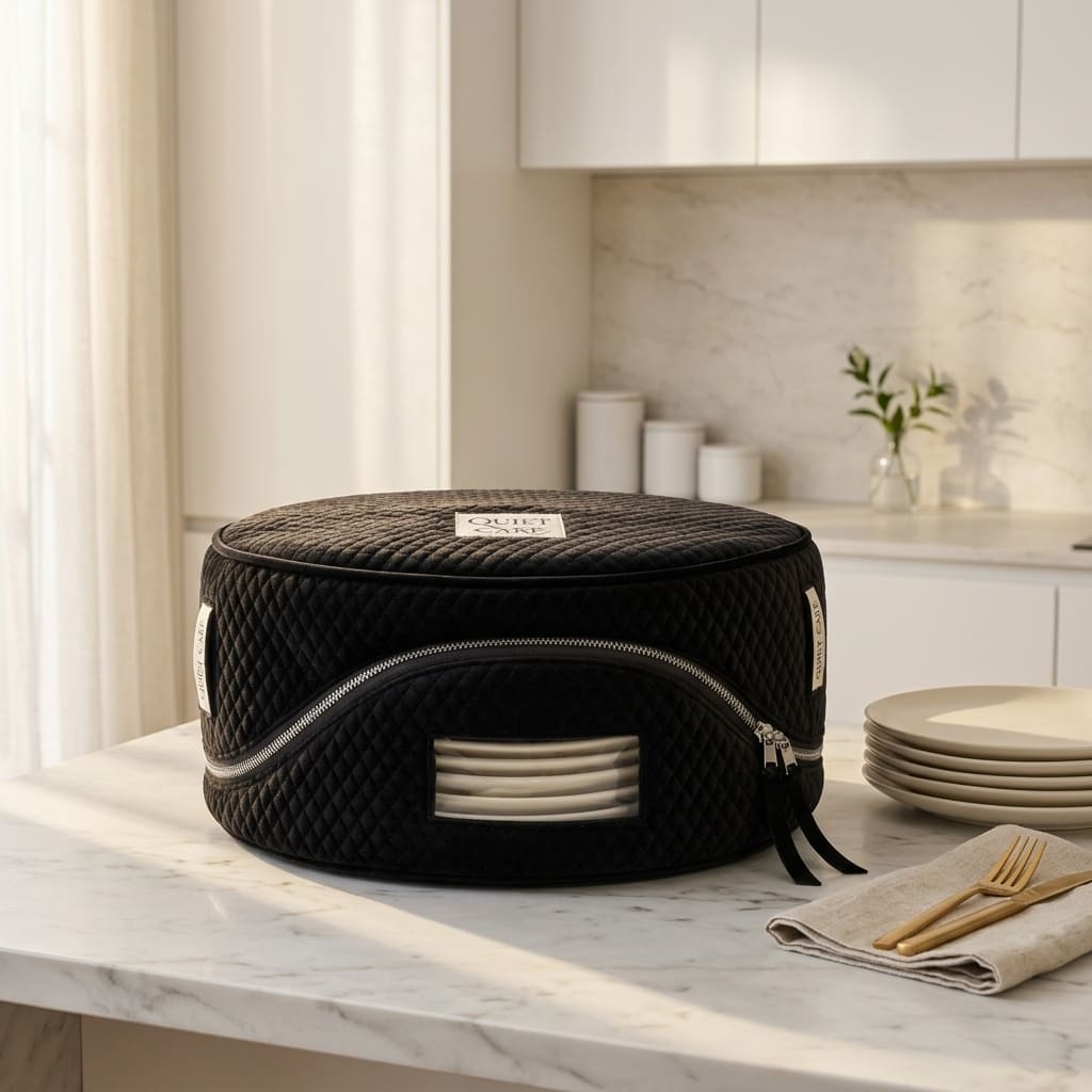 Black Luxe Dinner Plate Cover, styled at home