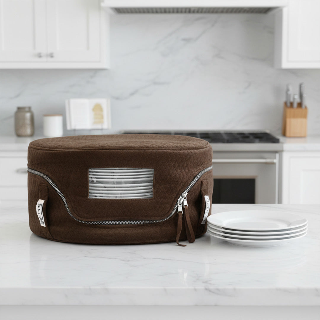 Brown round storage bag with silver interior on a kitchen counter