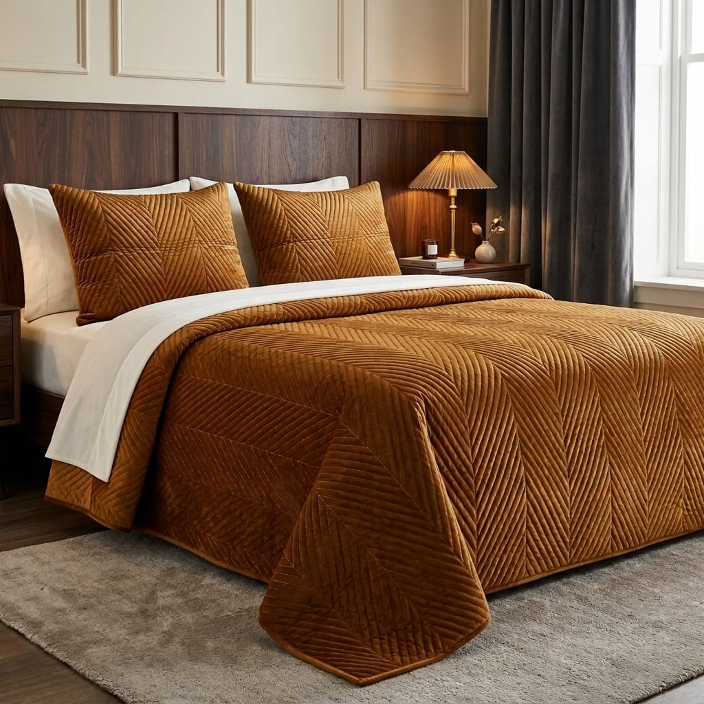 Caramel Herringbone Bedspread, styled