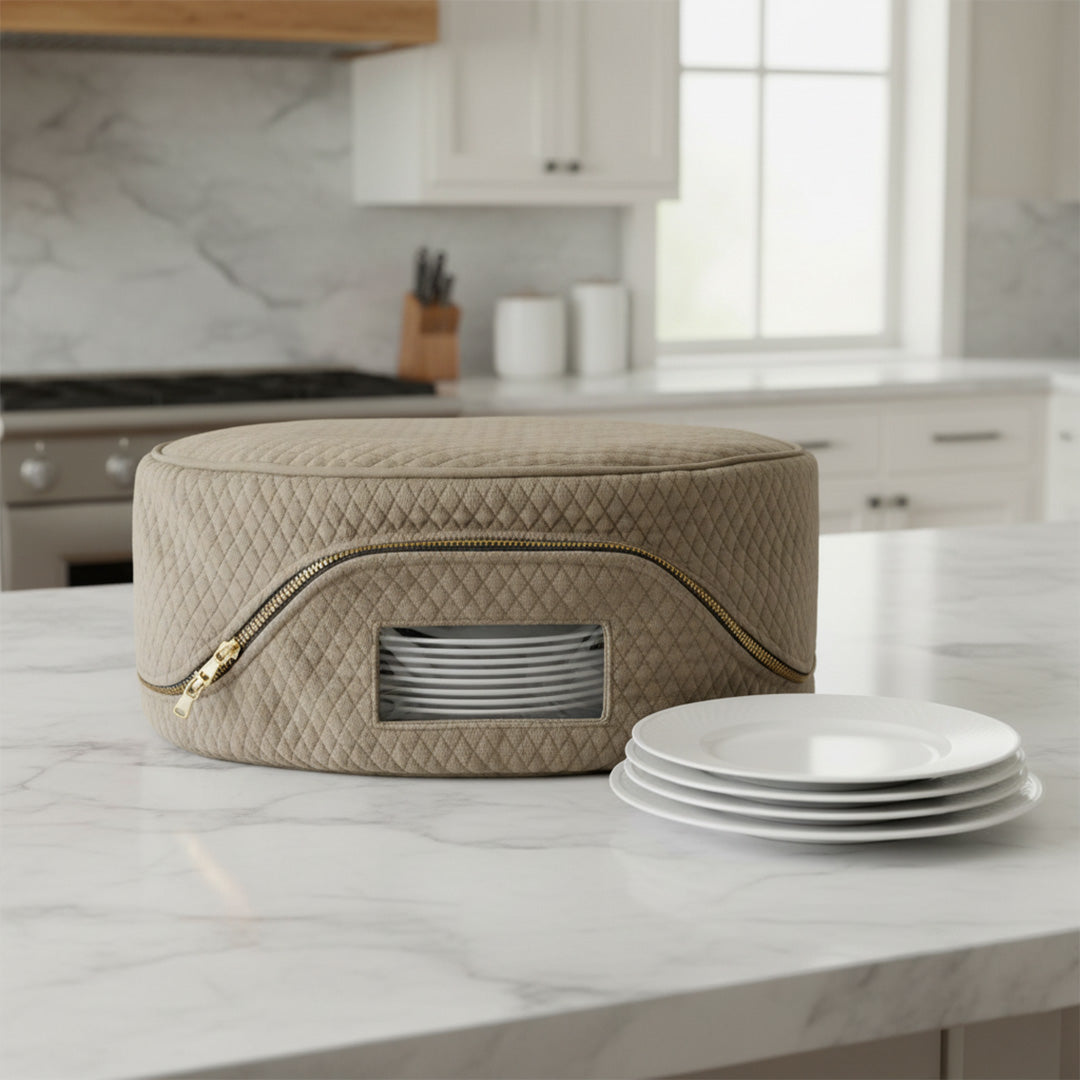 Beige woven plate carrier with plates on a marble countertop in a kitchen.