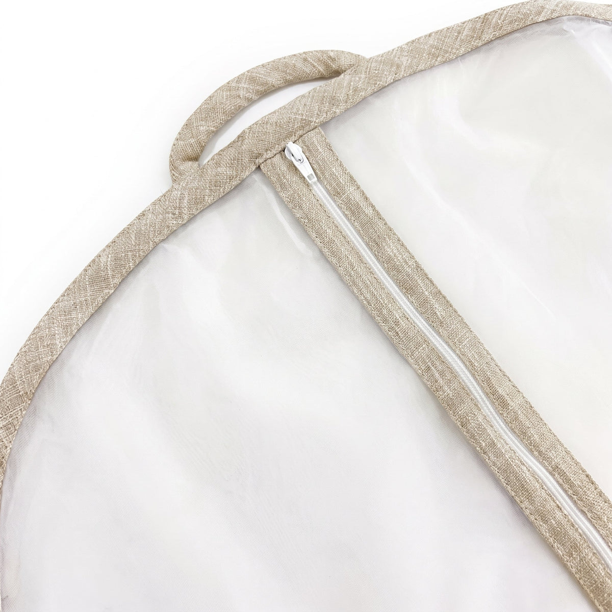 Close detail of the linen blend trim, hanger opening and carry loop on a garment cover