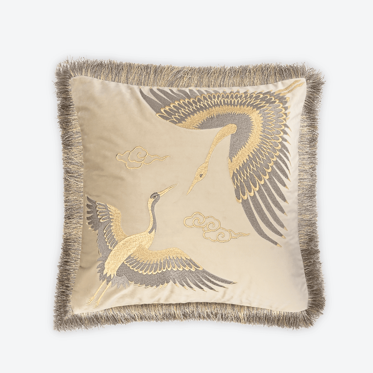 Beige Gilded Crane Cushion Cover