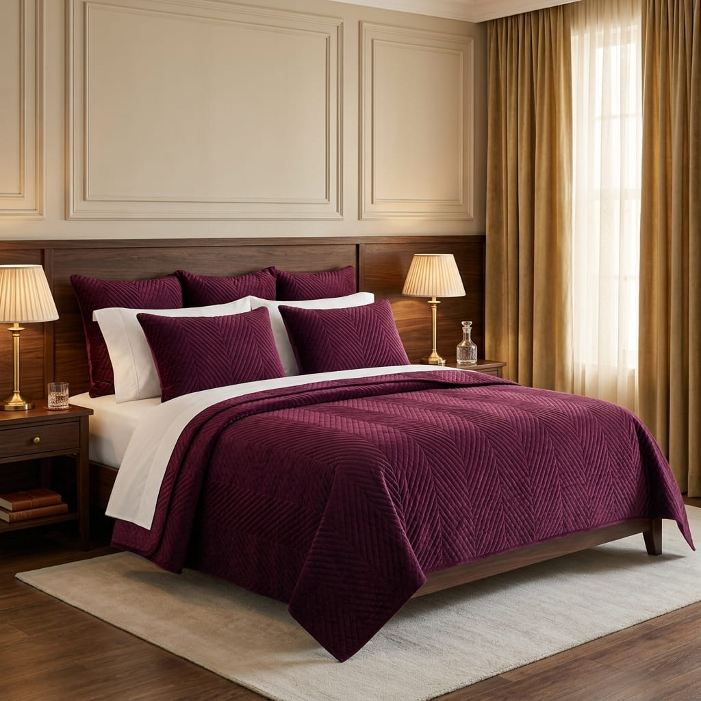 Mauve Herringbone Bedspread, styled