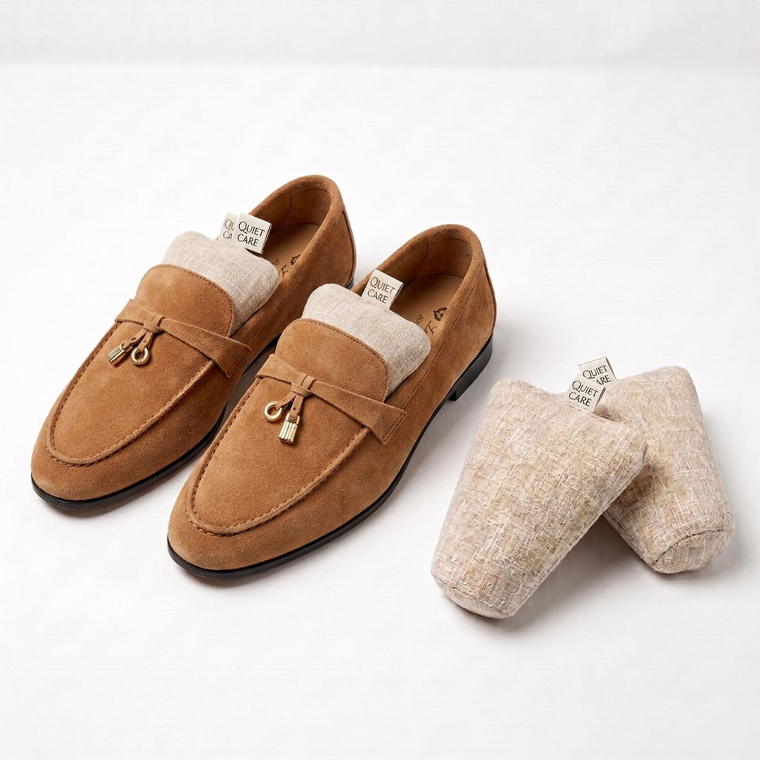 Linen blend shoe shapers in ecru with shoes, third styling angle