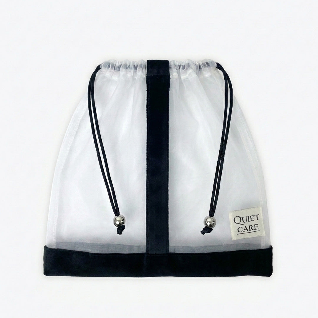 Large sheer shoe bag with velvet trim and metal ball pulls, empty