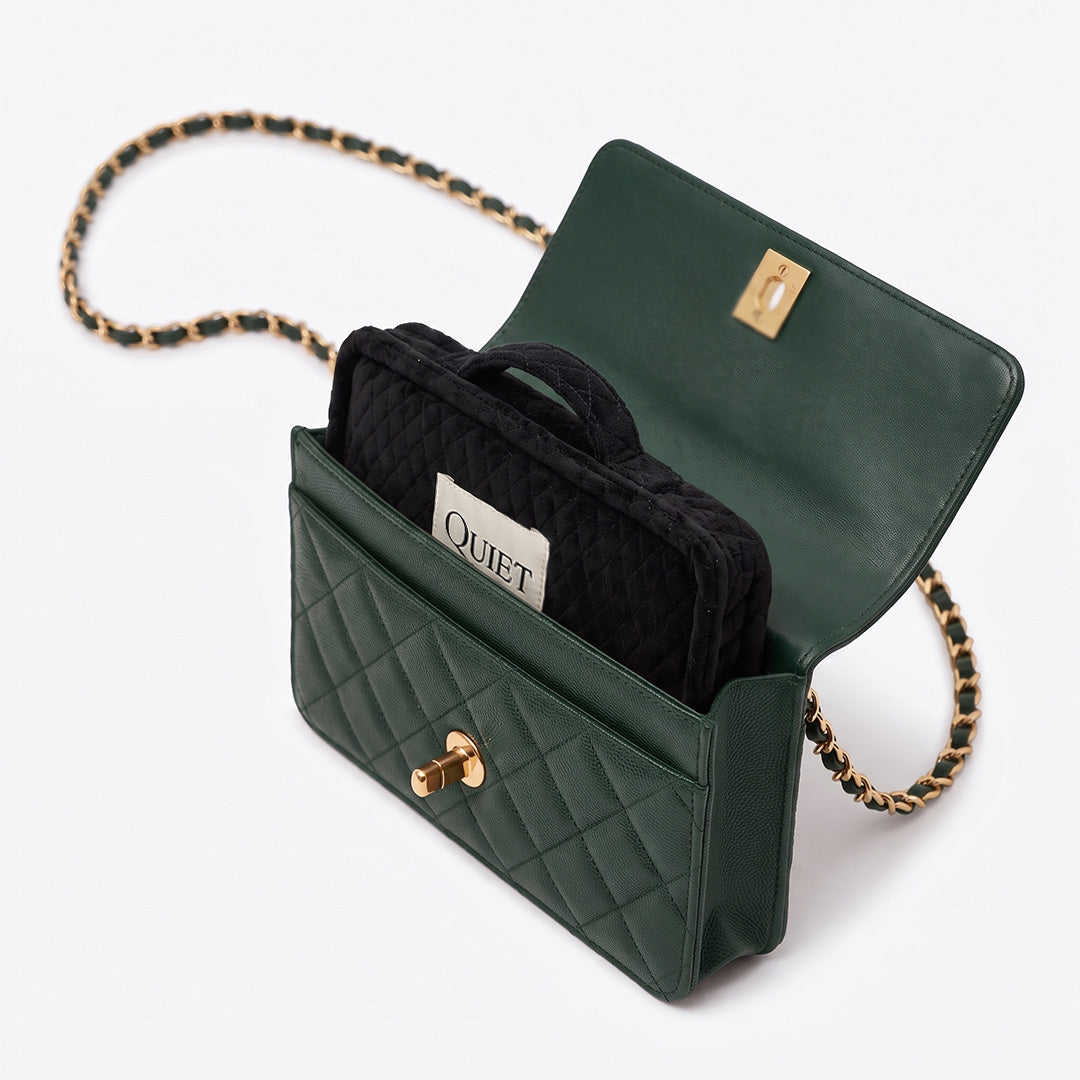 Slim quilted velvet bag shaper shown inside a flat pouch