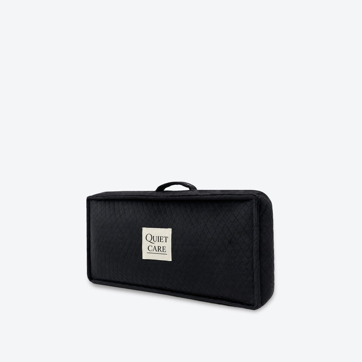 Long low quilted velvet bag shaper, second angle showing slim profile