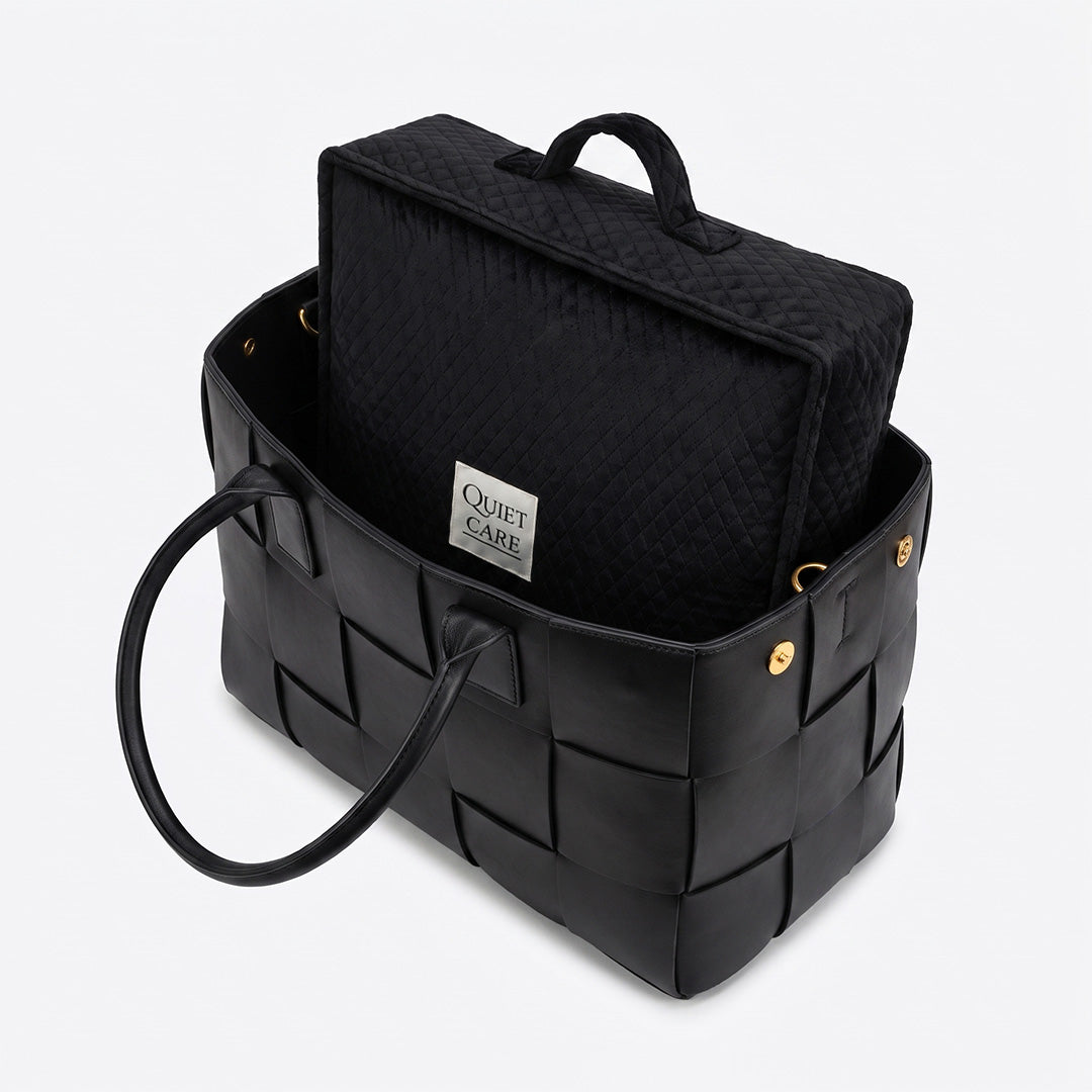 Square quilted velvet bag shaper shown inside a flat structured tote