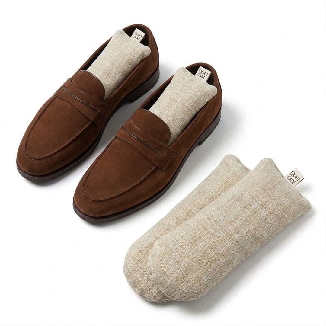 Full length linen blend shoe shapers in ecru with shoes, second styling angle