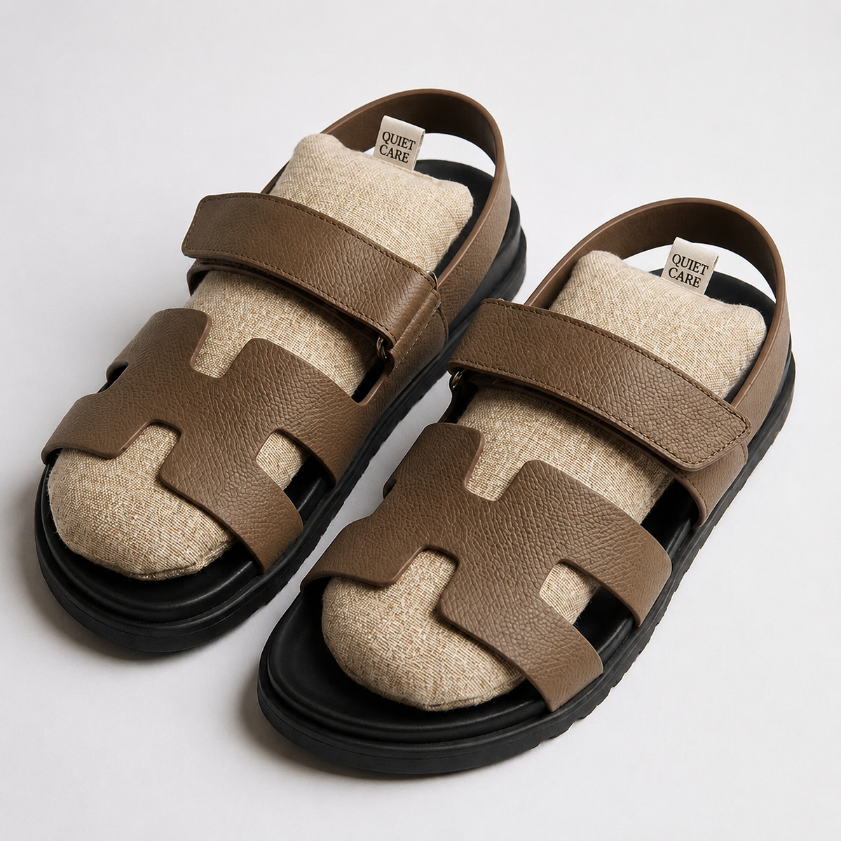 Full length linen blend shoe shapers in ecru with shoes, third styling angle