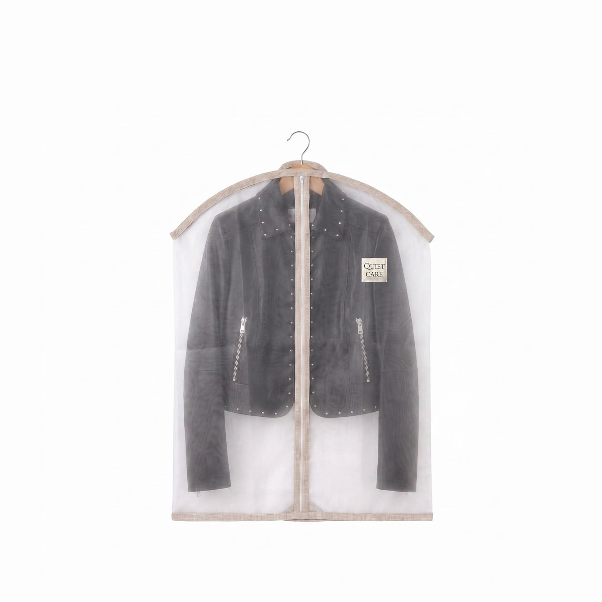 Sheer organza garment cover holding a dark jacket, visible through the fabric