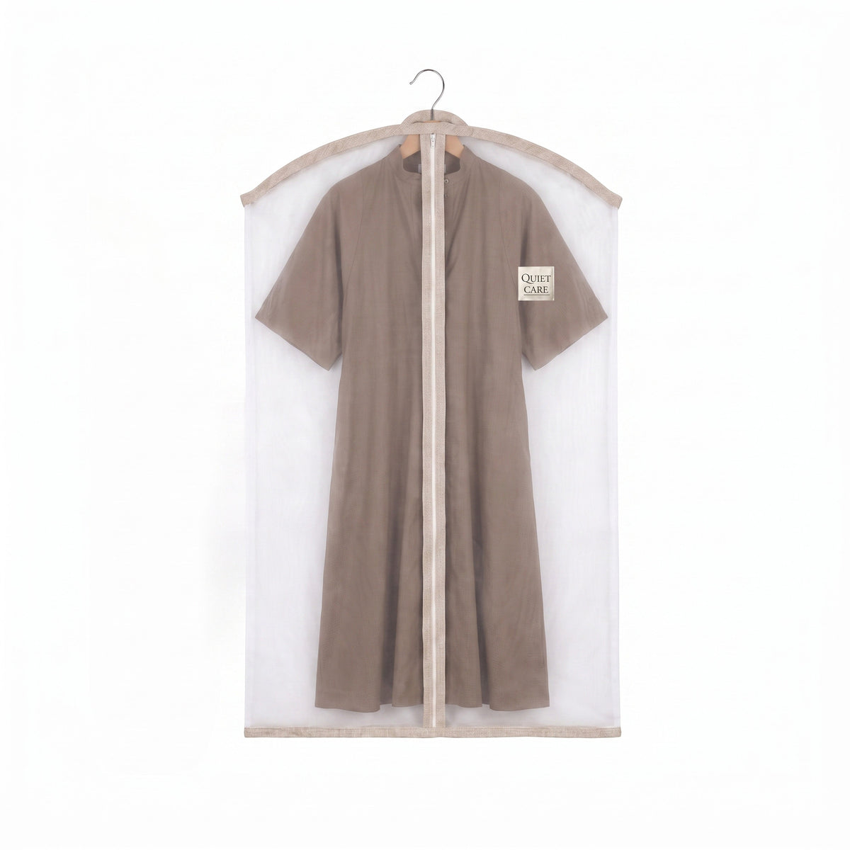 Sheer organza garment cover holding a long tan coat, visible through the fabric