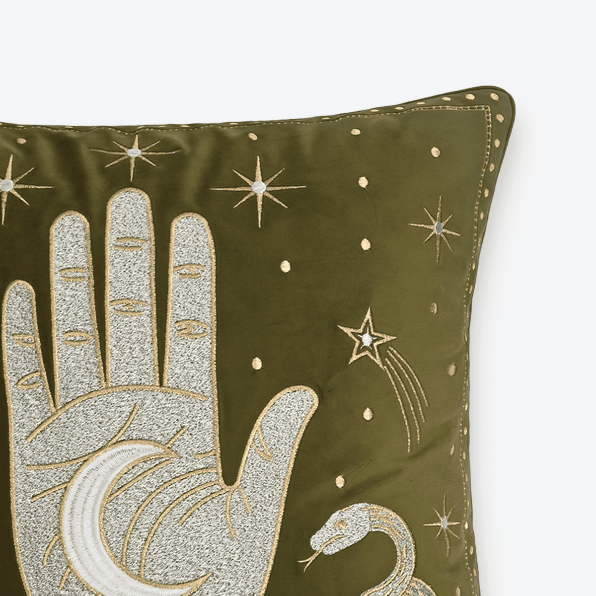 Olive Celestial Palm Cushion Cover, close-up