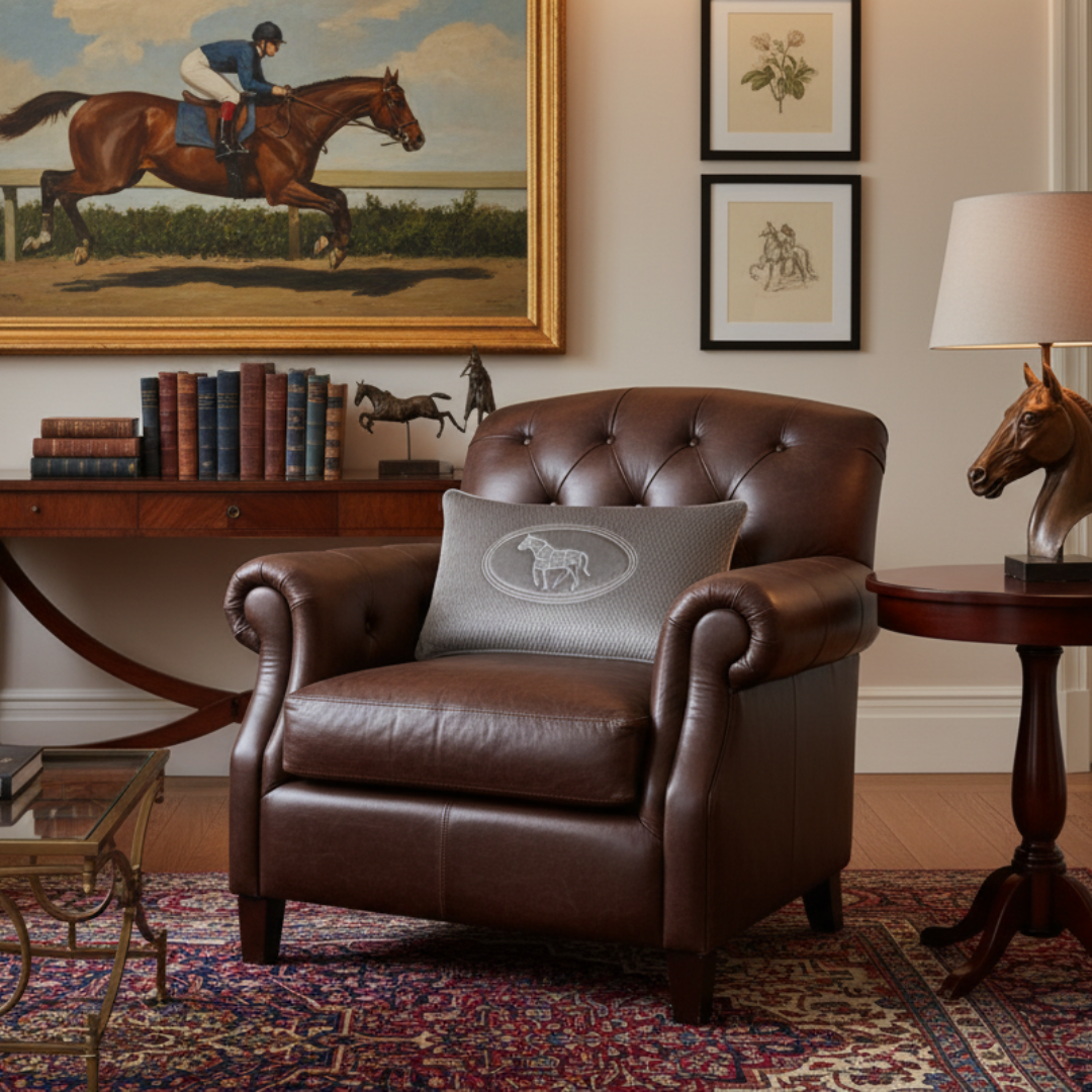 Brown leather armchair with a decorative pillow in a room with a horse painting and books.