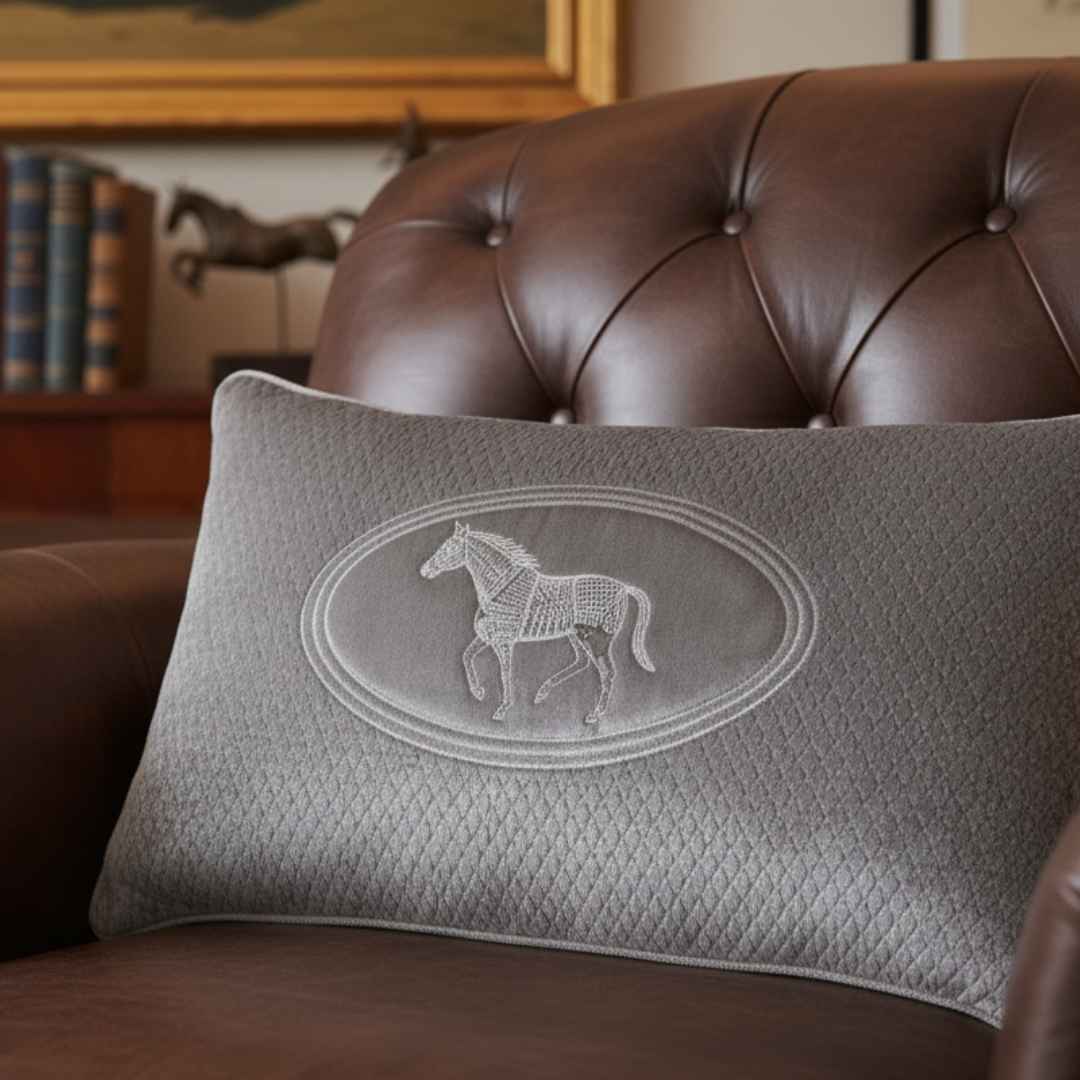 Gray pillow with horse emblem on a brown leather couch