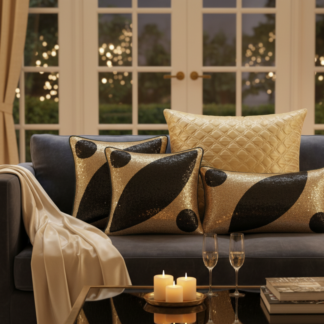 Decorative pillows on a sofa with candles and glasses in front of a window with string lights.