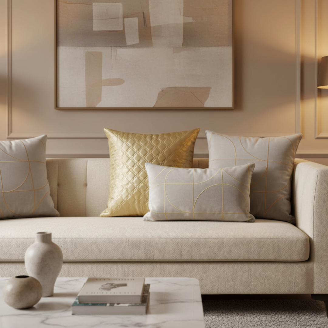 Beige sofa with decorative pillows and a abstract painting in a living room setting