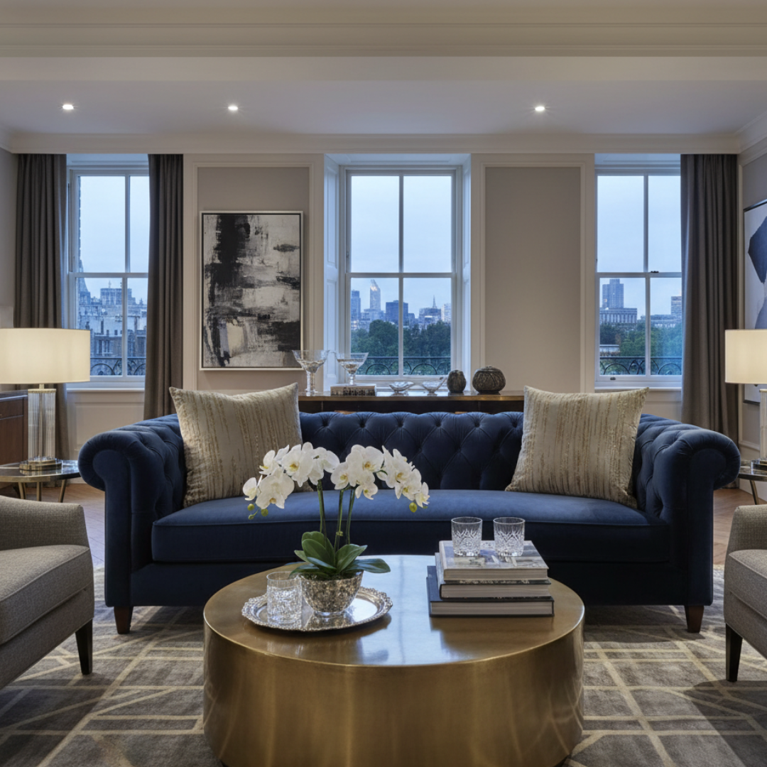 Modern living room with a blue sofa, gold coffee table, and cityscape view.