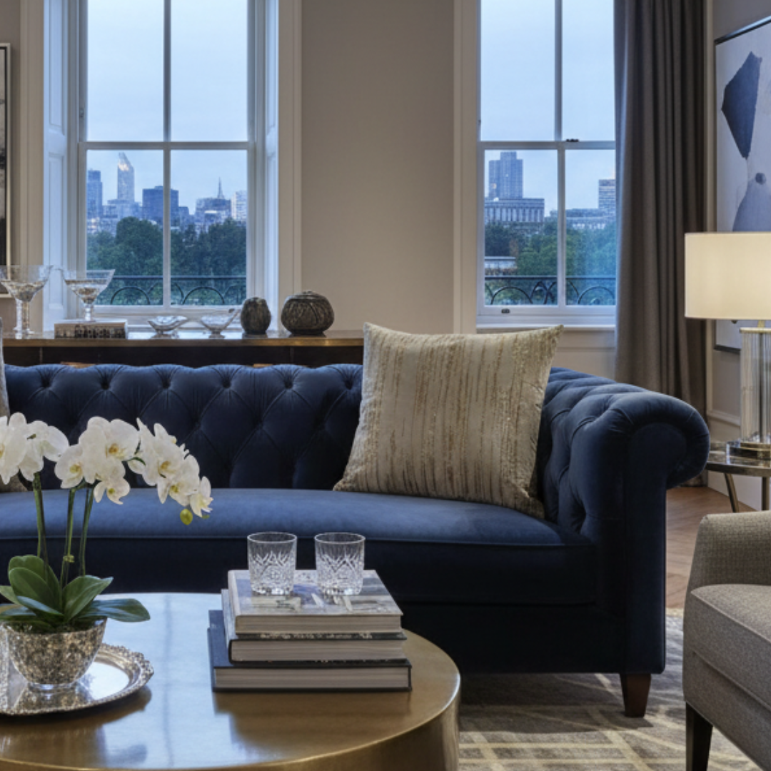 Living room with a blue sofa, coffee table, and city view