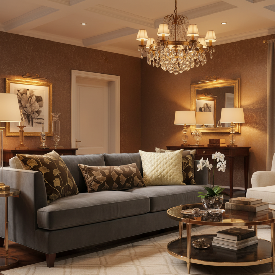 Luxurious living room with a chandelier, sofa, and decorative elements.